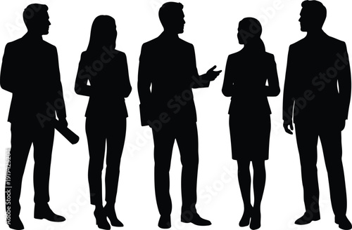 Corporate Business Team Discussion Silhouette, Professional Men and Women Standing in Office Vector Illustration.