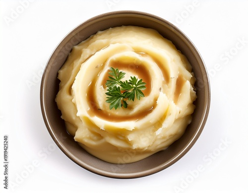 Wallpaper Mural a small bowl of creamy mashed potatoes with gravy placed on a white surface white background Torontodigital.ca