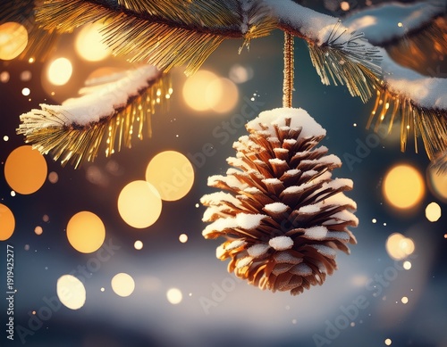 Wallpaper Mural pine cone dusted with snow hanging from a tree branch surrounded by sparkling golden lights Torontodigital.ca