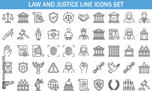 Law and justice line icons set, legal court police protection judiciary vector illustration isolated on white background