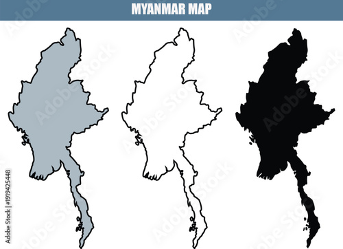 Three versions of a Myanmar map in gray, black and white, and black on a white background for geographic and travel uses.