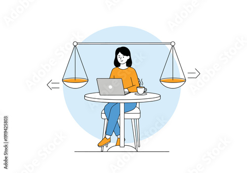 Woman working on laptop at cafe table with balancing scales representing work life equilibrium and decision making concept illustration concept