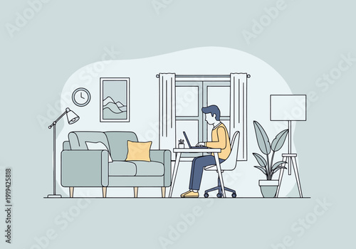 Person working on laptop at desk in cozy home living room interior with sofa and plants creating modern workspace for remote work and productivity