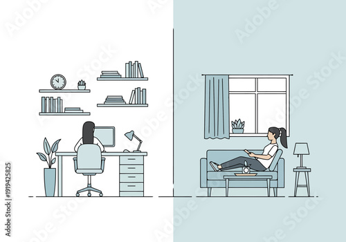 Remote Work Lifestyle Contrast Person Working at Desk Versus Relaxing on Couch at Home During Daylight Hours
