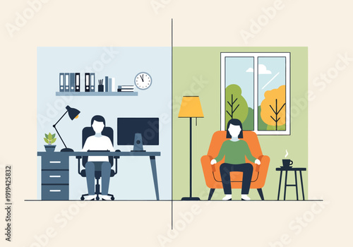 Dynamic Split View Illustration Contrasting Remote Work Environment With Relaxing Home Living Space