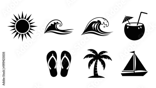 Summer Vacation Icons: Sun, Waves, Coconut Drink, Flip-flops, Palm Tree, Sailboat