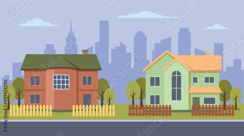Colorful flat vector illustration of suburban houses with cityscape background