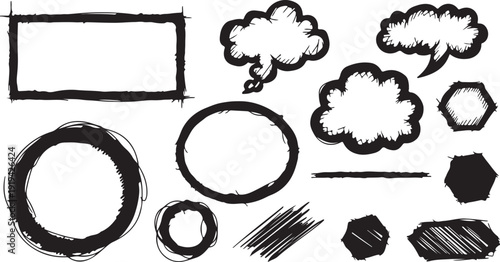 Collection of various abstract geometric and speech bubble shapes in black and white Vector