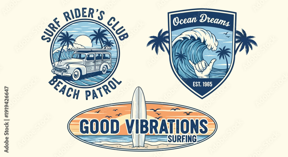 Fototapeta premium Vintage Surf Rider's Club and Ocean Dreams Surfing Badges with Woody Van on isolated white background.