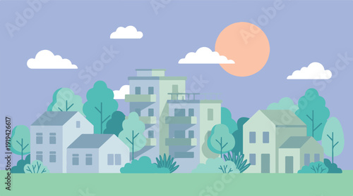 Minimalist flat design urban landscape with residential buildings and nature