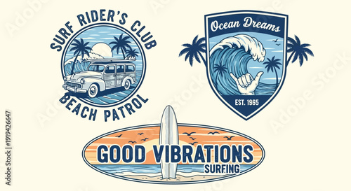 Vintage Surf Rider's Club and Ocean Dreams Surfing Badges with Woody Van on isolated white background.