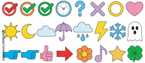 Colorful cartoon icons set, weather symbols, hand gestures, check marks, shapes, stickers, vector illustration, isolated background