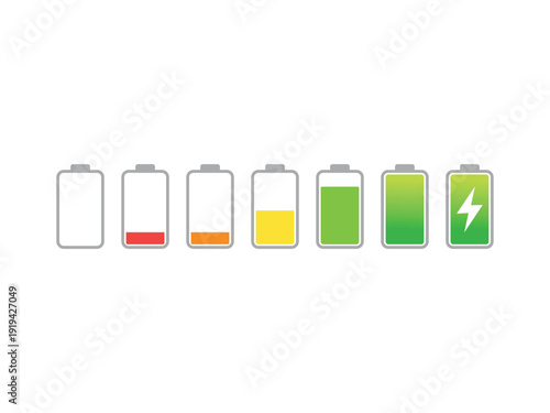 Battery charge level indicator icons showing power status from empty to full with lightning bolt