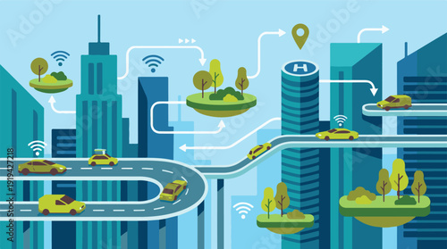 Modern Smart City Landscape with Autonomous Cars and Network Connectivity