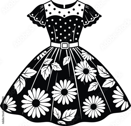 Stylized black and white vintage dress illustration with floral skirt and polka dot bodice, perfect for fashion design, retro art, textile patterns, and creative branding.