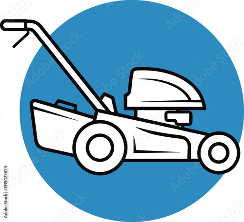Lawn mower outline illustration, garden equipment for yard maintenance and grass cutting