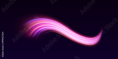 Pink neon ribbons twist in smooth spirals on a PNG layer. Glowing particles trace motion curves. Ideal overlay for sci-fi and tech designs.