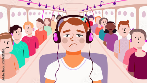 Young person with headphones looking bored on a crowded bus in a vibrant style