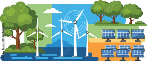 Renewable energy sources with wind turbines and solar panels in a natural landscape