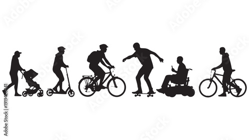 Diverse Urban Commuters Silhouette Vector Set for Infographics and City Life Designs