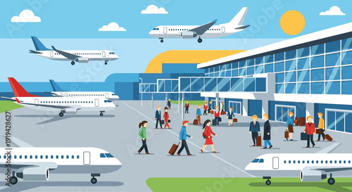Busy airport terminal with passengers and airplanes