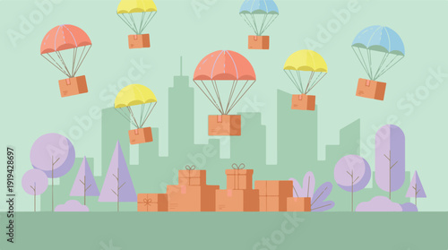 Urban delivery concept with parachuting packages over city buildings