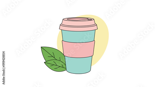 Clean flat illustration of a teal takeaway beverage cup with a pink lid and sleeve positioned next to two green leaves.