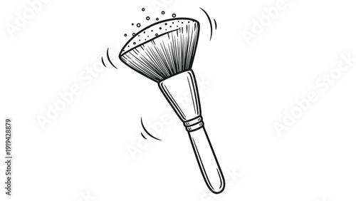 Action-oriented black and white sketch of a makeup powder brush with fine dust particles floating in the air around it.