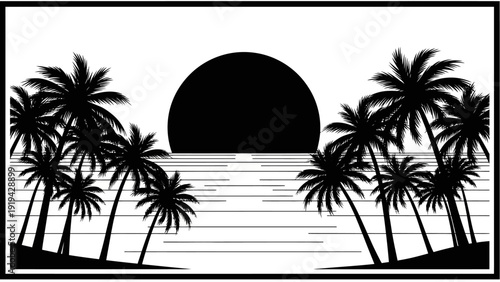 Black and White Tropical Sunset with Palm Trees Silhouette Over Ocean Waves
