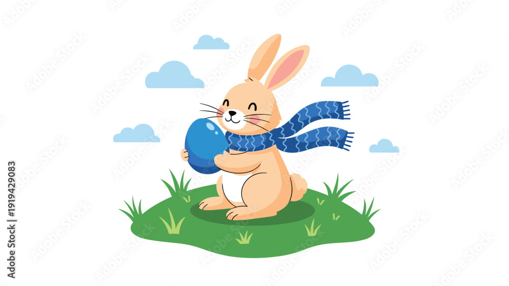 Obraz premium Adorable bunny character holding a large blue easter egg while standing on a green hill with clouds in the sky.