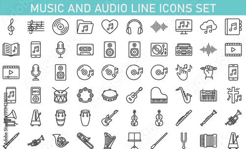 Music and audio line icons set, musical instruments, sound equipment, media playback symbols, recording studio elements, outline collection