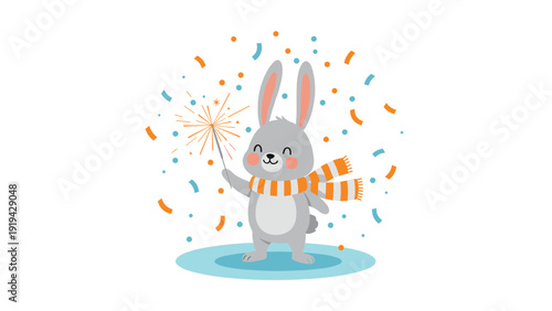 Cute grey rabbit character wearing an orange striped scarf holding a lit sparkler with colorful confetti around.
