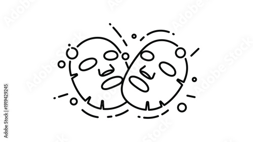 Two facial sheet masks in a linear art style with bubbles and sparkles for beauty treatment and skincare industry concepts for salons.