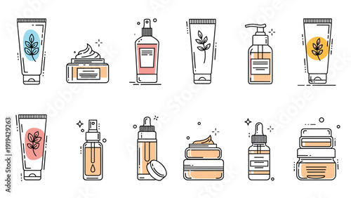 Collection of assorted cosmetic containers including tubes bottles and jars for beauty and personal care product lineups and ads.