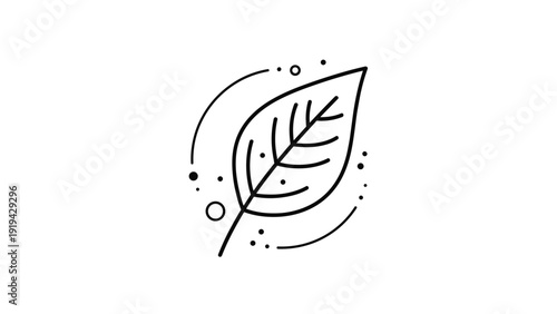 Simple hand drawn leaf in a minimal line art style with decorative dots and paths for botanical and nature themed design projects.