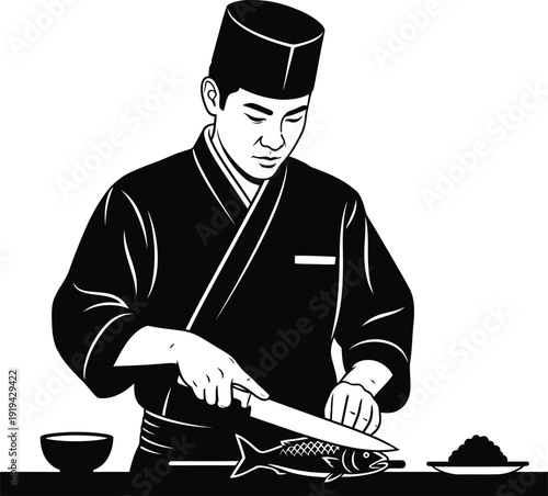 Japanese sushi chef preparing fresh fish with knife in minimalist silhouette, culinary art and cuisine.