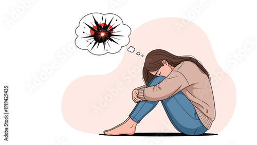 Depressed young woman sitting on floor with head on knees having negative thoughts represented by explosion bubble isolated on white background.