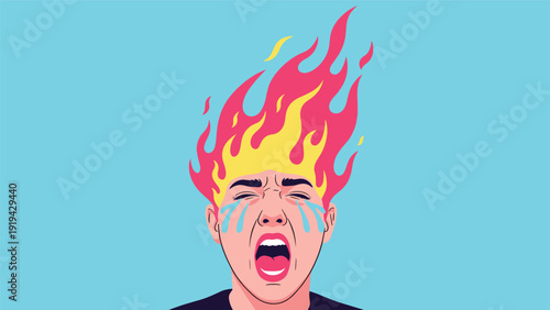 Portrait of person screaming in anger and frustration with head on fire and tears falling down face isolated on bright blue background.