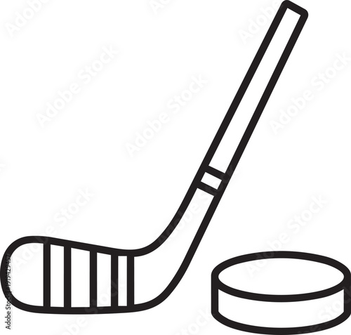 Minimalist vector art of an ice hockey stick and puck, representing winter sports, team competition, and athletic action.