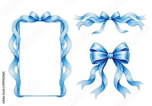 Soft, translucent blue watercolor decorative elements, including a rectangular frame and bows with flowing ribbons, flat lay on transparent for copy space. Concept of elegant artistic design