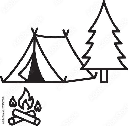 Linear graphic of a tent in the forest next to a campfire, representing outdoor adventure, camping, and nature tourism.