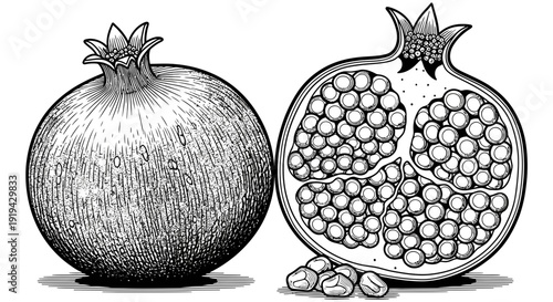 Black and white illustration of a whole pomegranate and a cut pomegranate revealing juicy seeds and arils on a white background with subtle shading