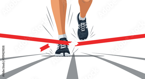 A runner's legs and feet with athletic shoes are captured in motion as they break through a red finish line tape on a race track.