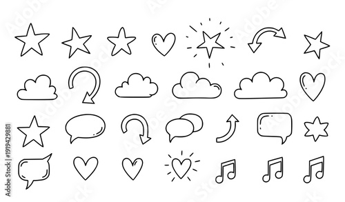 Cute hand drawn doodle symbols pack stars hearts clouds arrows music set