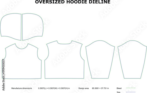 A technical drawing of an oversized hoodie pattern with detailed measurements