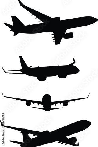 Black airplane silhouettes set, isolated commercial aircraft icons, passenger plane flying vectors, aviation transport collection, airline travel wing landing gear signs for graphic design