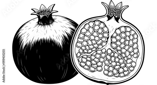 Black and white illustration of a whole pomegranate and a halved pomegranate showcasing its seeds and inner structure