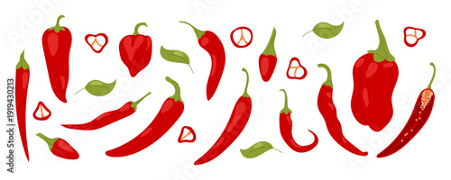 Red hot chili pepper set, spicy mexican food vector elements