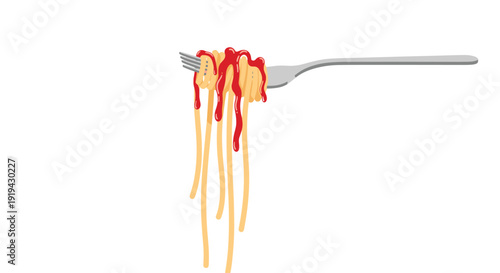 A silver fork holds long strands of spaghetti covered in red sauce, which drips down, isolated on a plain white background.
