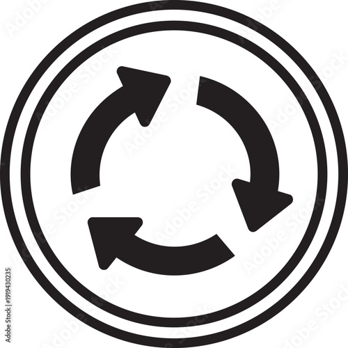 Minimalist black and white outline icon of a roundabout traffic sign with three rotating arrows in a circular frame, designed in a clean vector style suitable for navigation apps, urban planning diagr